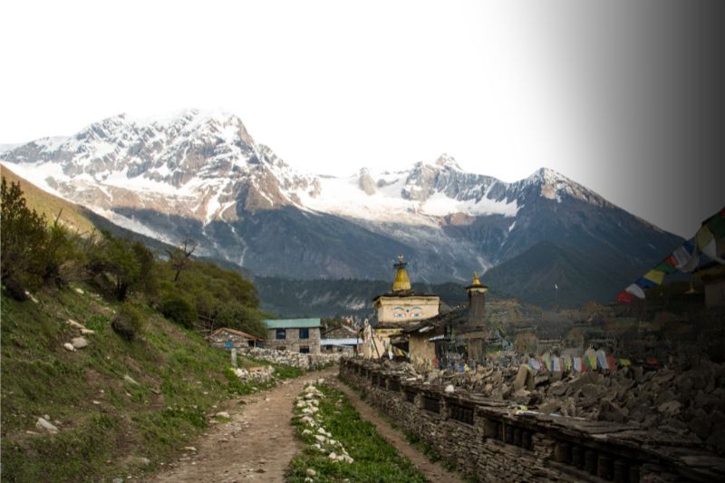 Walking through remote Tsum Valley with Himalayan peaks.