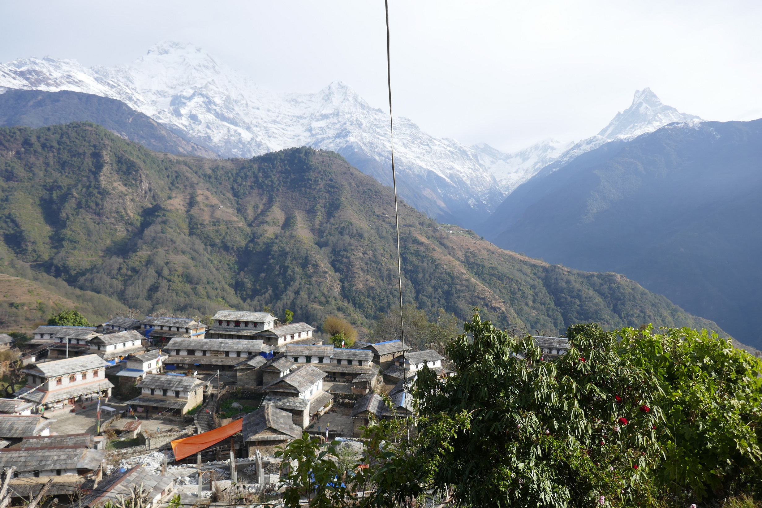 Traditional village with terraced fields and tea houses on Manaslu Circuit Trek.