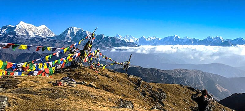 View from Pikey Peak summit at 4,065 meters showcasing Mount Everest and surrounding Himalayan peaks.
